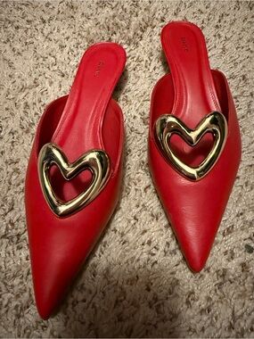 NWOT Maeve Anthropologie Gold Heart Red Leather Mule Kitten Heels Pointed Toe 38
